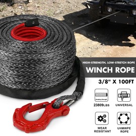 STEGODON Synthetic Winch Rope, 3/8" x100ft 23809LBS Dyneema Winch Rope 3/8 Heavy Duty Winch Cable with Protective Sleeve Forged Winch Hook for 4WD Off Road Vehicle Truck SUV (Black)
