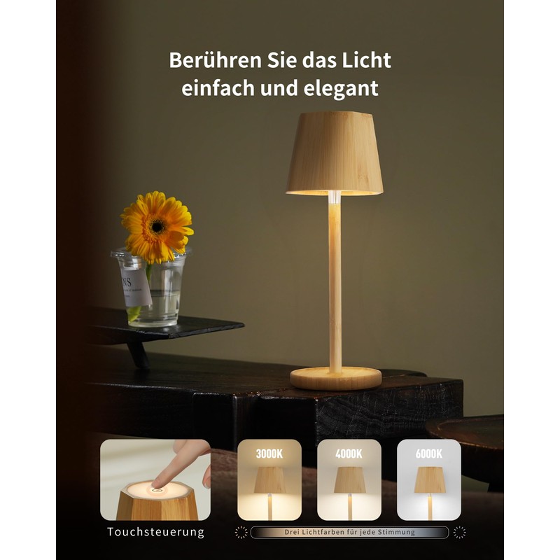 LuminexDesigns Bamboo LED Table Lamp Wireless Dimmable Lamp 3000K/4000K/6000K 5200mAh