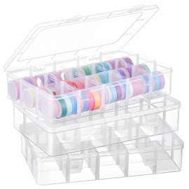 Leinuosen 3 Pack Clear Washi Tape Organizer 15 Grids Plastic Organizer Box Adjustable Dividers for Jewelry, Art DIY Crafts, Washi Tapes, Beads and Small Parts