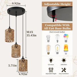 SKEJAO 3-Light Rattan Pendant Lighting,3 Pendant Light Fixture for Kitchen Island,Dining Lamp Ceiling Hanging,with Adjustable Cord and Rattan Shade for Farmhouse Living Dining Room Bar,Black