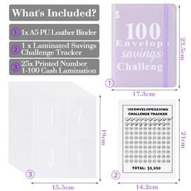 Jakiro 100 Envelopes Money Saving Challenge Binder, Cash Envelopes Money Saving Binder, A5 Purple Money Challeng Book to Save $5,050