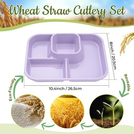 Pinkunn 8 Pcs 10'' Divided Plates Unbreakable Wheat Straw Dinnerware Lunch Trays Lightweight Reusable Plastic Compartment Microwave Dishwasher Safe Separator Plates(White, Blue, Purple, Green)