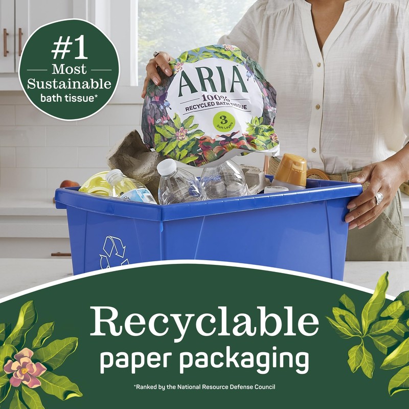 Aria 100% Recycled Toilet Paper, 24 Rolls, 3-Ply Soft Bath