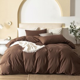 JIYUAN Alaska King Duvet Cover Set, 3-Piece - 100% Washed Cotton, Linen-Like Soft & Breathable with Zipper Closure, Includes 132x120 Inch Cover & 2 Pillowcases, Solid Chocolate Brown