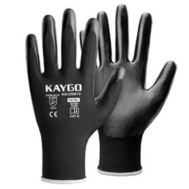 KAYGO Safety Work Gloves Nitrile Coated, Good Grip and Dexterity, 12 Pairs General Purpose Durable Working Gloves for Men and Women, Ideal for Construction Warehouse Automotive DIY, KG12N (Black, XL)