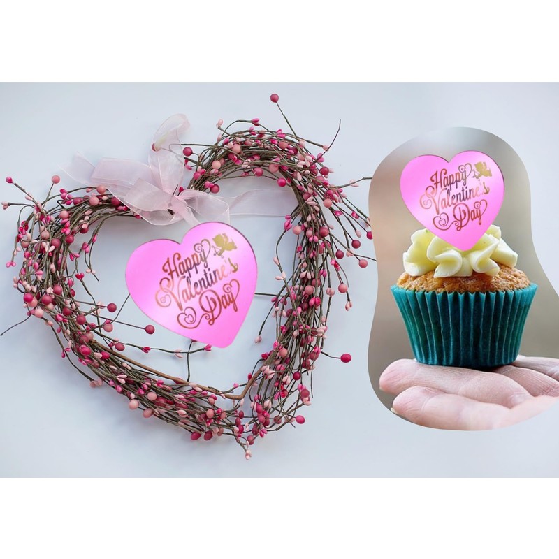 6x Valentine's Day Acrylic Cupcake Toppers Heart shaped Tags Valentines