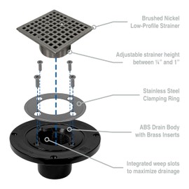 Noble Company Freestyle Thin Bed Clamping Ring Drain with Square Design Easy to Install in Tile Showers Ideal for Bathrooms & Kitchens Durable Construction (ABS, Brushed Nickel Strainer)