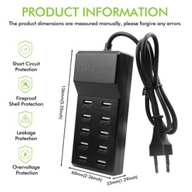 WIYETY 10 Port USB Charger: 50W Multi-Port USB Charging Station, Single Port 5V/2.4A, 10 Port Hub Charging Station Fast Charging, with Fast Charge Automatic Detection Technology, for Various Devices