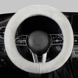LACDL Fuzzy Winter Steering Wheel Covers for Women, Warm Cute Fluffy Car Wheel Cover for Sedan Suv, Super Soft Furry Girly Auto Plush Car Handle Cover for Cold Weather, White, 14-15inch, Standard Size