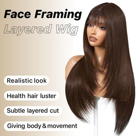 ZRLK Brown Wig with Bangs Long Brown Wig for Women Synthetic Heat-Resistant Hair Layered Style Hair for Daily and Party Use