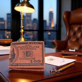 Jizlan Brown Mens US $100 Dollar Bill Leather Bifold Card Holder Wallet Handbag Purse Leather Credit Card Photo Holder