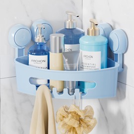 LEVERLOC Corner Suction Shower Caddy Bathroom Storage Basket No-Drilling Rust Free Removable Waterproof Vacuum Shower Shelf Shampoo Bottles Organizer for Room Kitchen Toilet Tiles,Blue