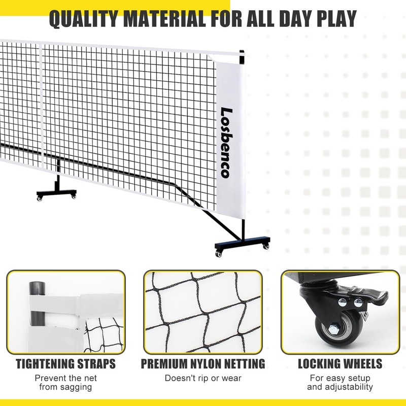 Losbenco Pickleball Net with Wheels Court Lines, Metal Frame &