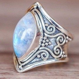 Cuteshop Vintage Silver Ring 925 Sterling Silver Natural Moonstone Women Jewelry Elegant Gemstone Wedding Ring Size 5-11, 11, silver