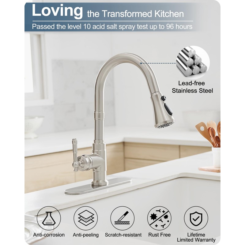 HOIGY Brushed Nickel 3-Function Pull-Down Sprayer Kitchen Faucets, 1 or
