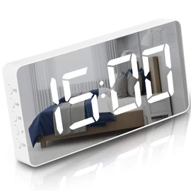 Digital Alarm Clock Large Mirrored LED Clock Snooze Function Dimming Mode Beside Clock for Bedroom Decor (White)