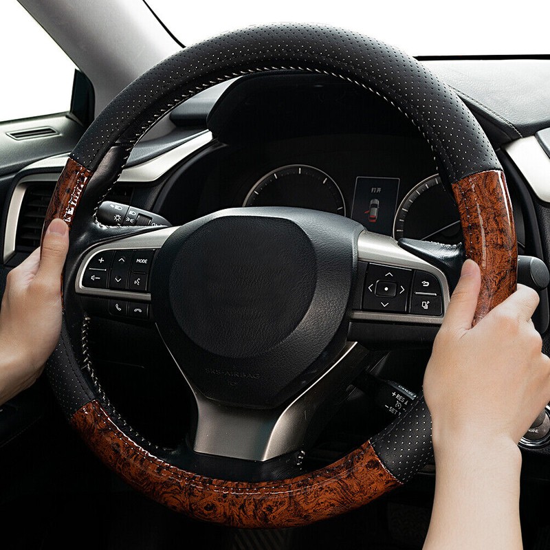 Xukey 38cm /15'' Car Steering Wheel Cover Wood Grain Black