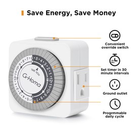 G-Homa Timers for Electrical Outlets, 24 Hour Indoor Plug-in Mechanical Timer Mini, 30 Minute Intervals, 3-Prong, Daily On/Off Cycle, for Lights, Lamps (4-Pack, ETL Listed)
