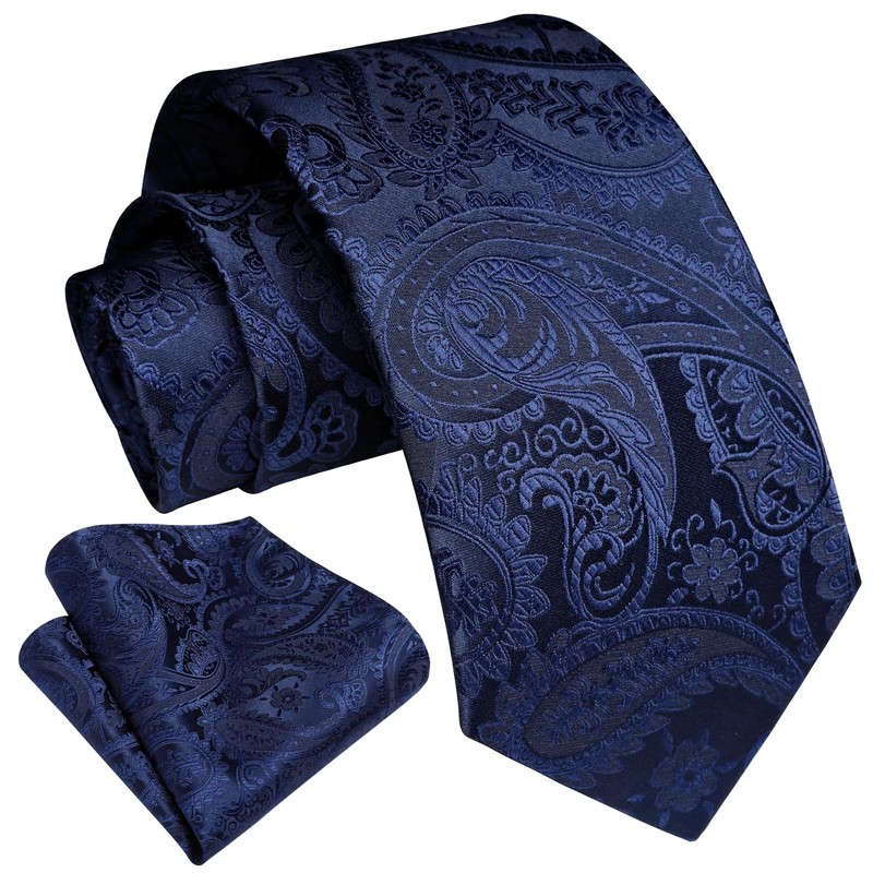 HISDERN Mens Solid Navy Blue Paisley Wedding Tie Handkerchief Men's