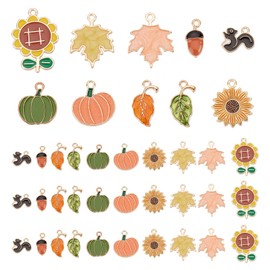 SUNNYCLUE 1 Box 40Pcs Thanksgiving Charms Maple Leaf Charms Bulk Autumn Fall Assorted Enamel Sunflowers Leaves Pumpkin Charm Squirrel Acorn Small Charms for Jewelry Making Charm DIY Necklace Earrings, Alloy, Enamel