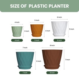 Plastic Plant Pots with Drainage Holes and Saucers, 8/7/6/5/4 Inches Garden Plant Flower Pots for Indoor Planter, 5 Pack Nursery Planting Pot for Indoor & Outdoor House Plants (Multicolor, 8/7/6/5/4)