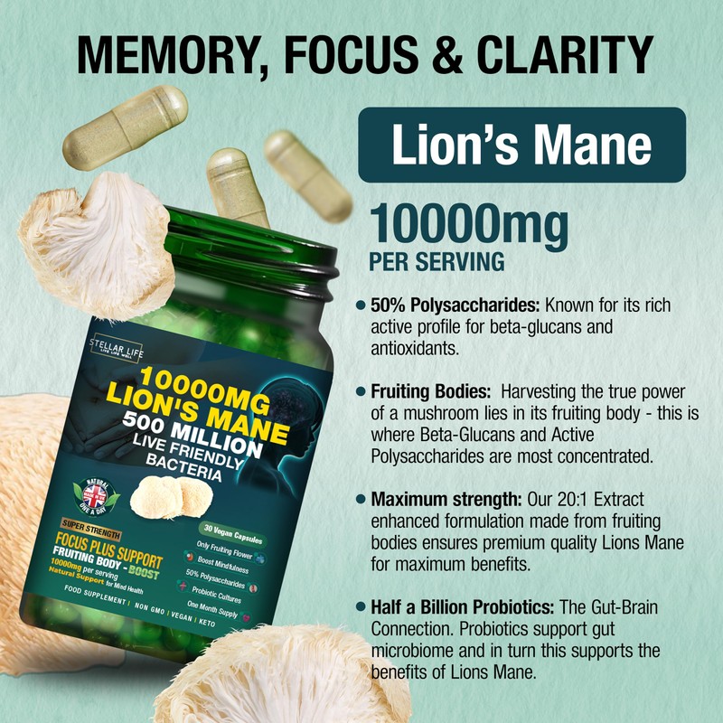 Lions Mane Supplement 10000mg High Strength Mushroom with 500 Million
