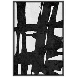 SIGNFORD Framed Canvas Wall Art Bold Ink Stroke with Grid and Abstract Brushstroke Illustrations Minimalism Modern Expressive Black and White for Living Room, Bedroom, Office - 24x36 inches