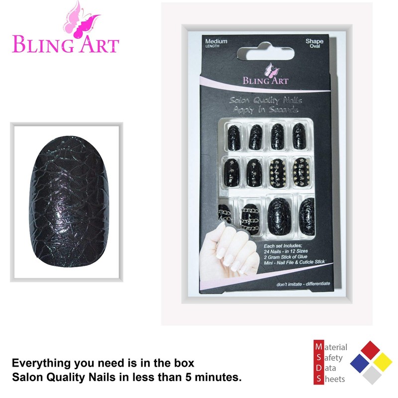 Bling Art Oval False Nails Fake Acrylic Punk Black 24