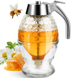 Timtopno Honey Dispenser, Glass Honey Dispenser No Drip, Honey Pot with Stand, 8 oz Honey Jar, Maple Syrup Honey Container, Elegant Honeycomb Design for Home Decor for Any Occasion