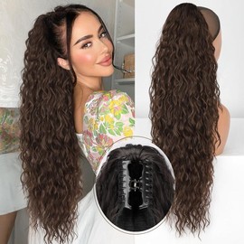 HIUSVO Ponytail Extension Claw 30 Inch Curly Pony Tail Clip in Claw Hair Extensions Fluffy Natural Looking Synthetic Hairpiece for Women - Color: Dark Brown