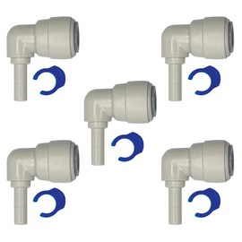 3/8" OD to 1/4" DUAL O-RING, 90 degree Stem Elbows, 5 Pack, Quick Connect, Push Fit Water Tube Fitting for RO Reverse Osmosis, Filters, Refrigerators, Ice, and Coffee, with Locking Clips