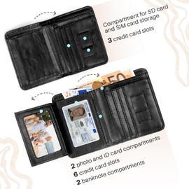 Men's Small Wallet with 9 Card Slots, Wallet and 2 Transparent Compartments for Photos or Driving Licences, Men's Small Wallet with Coin Compartment, Landscape Format (Coffee Brown), black, Retro