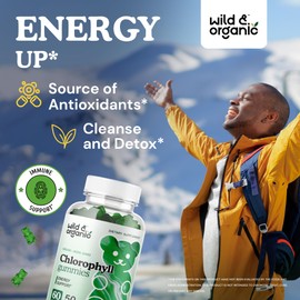 Wild & Organic Chlorophyll Gummies 50mg - Detox Cleanse Supplements w/Sodium Copper Chlorophyllin - Internal Deodorant w/Chlorophyll Powder - Vegan, Non-GMO - 60 Herbal Chews