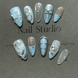 Handmade Blue Ribbon Bow Butterfly Almond Pointy Summer Press on Nail - size: S, Length: Short