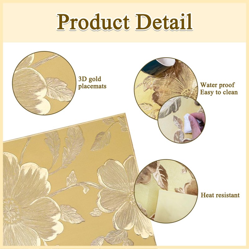 Square Gold Placemats Set of 6 Tablemats 11.8x17.7 inch Vinyl