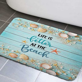 Beach Bathroom Rugs, Seashells Beach Door Mats Seashell Bathroom Mat Door Mat Non-Slip for Room Entryway Kitchen Bathtub, Tropical Teal Beach Bathroom Rugs Shower Floor Carpet, 17X29Inches
