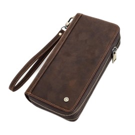 [Contact's serie] Double Zipper Handstrap Coffee Color Genuine Leather Bag Wallet in Hand Long Wallet with Coin Purse Leather Wallet with Chain, Coffee