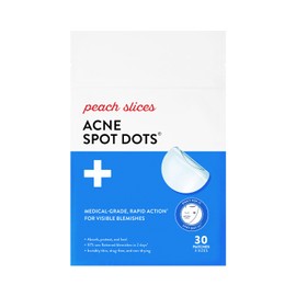 Peach Slices Acne Spot Dots, 30 ct Hydrocolloid pimple patches for face acne that absorb impurities, protect against picking, and support faster healing. Comes in three sizes (7mm, 10mm, & 12mm) to target different blemishes.