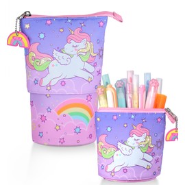 JMHACHY Standing Pencil Case for Kids - Back to School Stuff, Cute Unicorn Telescopic Zipper Pencil Case Aesthetic, Large Capacity Stand up Pen Bag, Portable Pen Holder, Study Supplies for Students
