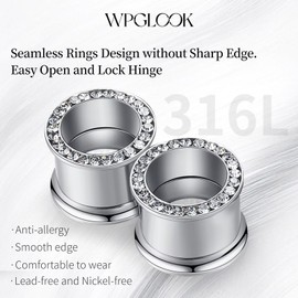 WPGLOOK 4pcs 1/2"(12mm) Ear Gauges Tunnels Plugs: Black and Silver Stainless Steel CZ Double Flared Screw Ear Tunnels Hollow Ear Piercing Expander Stretcher for Women