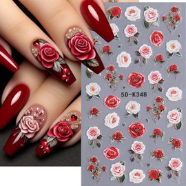 Rose Nail Art Stickers Decal, Retro 5D Embossed Nail Stickers Valentine's Day Nail Art Supplies 2 Pcs Flower Sticker Nail Art Rose 3D Adhesive Stickers Sliders Manicure Art Decoration Foils for Women