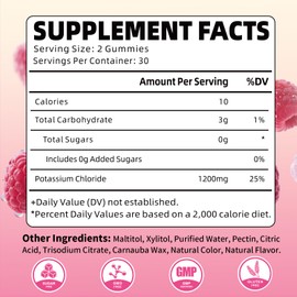 Pack of 2 Potassium Gummies, Potassium Chloride Gummies 1200mg for Adults, Sugar-Free Potassium Supplement Support Leg Cramps & Electrolyte Balance, Raspberry Flavor, 120 Count