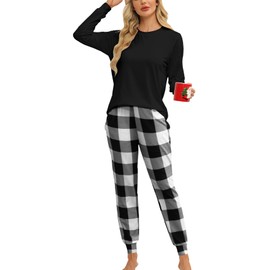KFUBUO Women's Pajama Sets Long Sleeve Sleepwear and Jogger 2 Piece Lounge Sets, Black White Plaid, X-Large