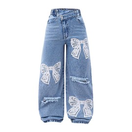 WDIRARA Girl's Bow Print Ripped Wide Leg Baggy Jeans High Waisted Asymmetrical Denim Pants Medium Blue 8Y