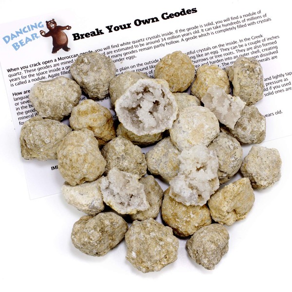 Dancing Bear 25 Break Your Own Geodes, 90% Hollow-Small ( 1-1.5”) Crack Open & Discover Amazing Surprise Crystals Inside! Educational Info and Instructions Included, Fun Party Favors & Prizes, Brand