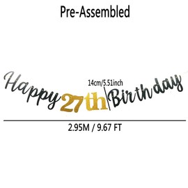 Happy 27th Birthday Banner Decoration, Black and Gold Happy 27th Birthday Banner Sign, 27th Birthday Party Decorations Supplies Pre-Strung