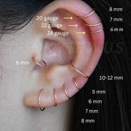 Small Gold Sterling Silver Huggie Hoop Earrings for Women Cartilage Nose Helix Tragus (Rose Gold, 8mm 24 gauge / 1 pair)
