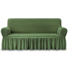 NICEEC Sofa Slipcover Green Sofa Cover 1 Piece Easy Fitted Sofa Couch Cover Universal High Stretch Durable Furniture Protector with Skirt Country Style (3 Seater Olive)