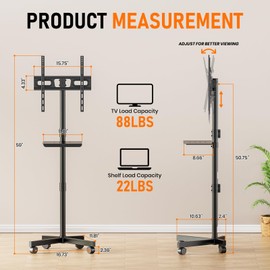 Mobile TV Cart Rolling TV Stand for 23-60 Inch LCD LED OLED Flat Curved Screens up to 88 lbs, Height Adjustable Portable TV Cart with Shelf & Wheels, Outdoor TV Stand Mount, Max VESA 400x400mm, Black
