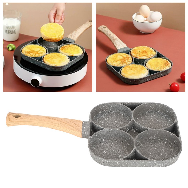 4‑Hole Egg Frying Pot Pancake Pan with Wood Handle for